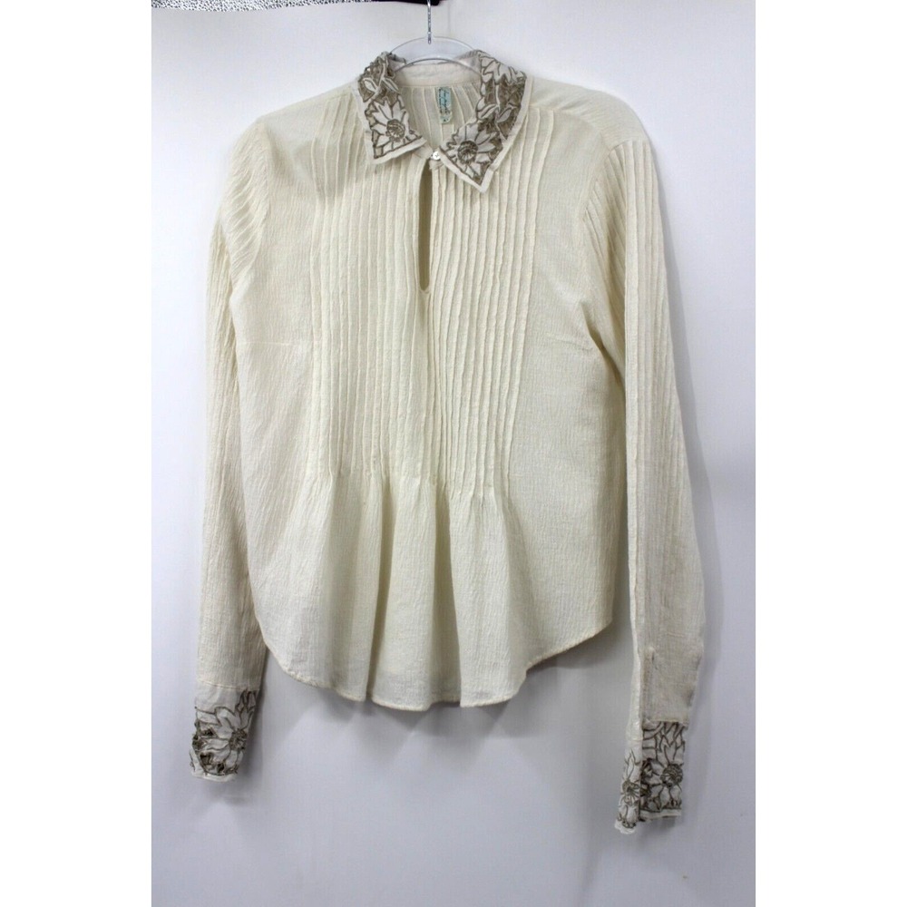 Free People Blouse Small Beige Pretty Floral Embroidered Long Sleeve Women